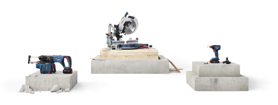 A group shot showcasing the five Like A Bosch heroes. Featuring Guy Fieri next to the Bosch fridge, Macho Man Randy Savage holding two 18V 2-in-1 Impact drivers, the fastest springer lady next to her induction cooktop from Bosch. On the left side we see the smoothest guy on the construction side with his 18V Glide Miter Saw followed by our hero on the Bosch dishwasher